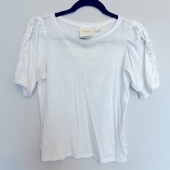 💕 Maeve by Anthropology white Tee with ruffle detail Size XS - Picture 1 of 4